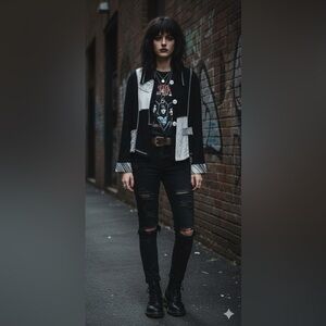 A. Spence Collections Patchwork Button Down Blouse Black White Artsy M